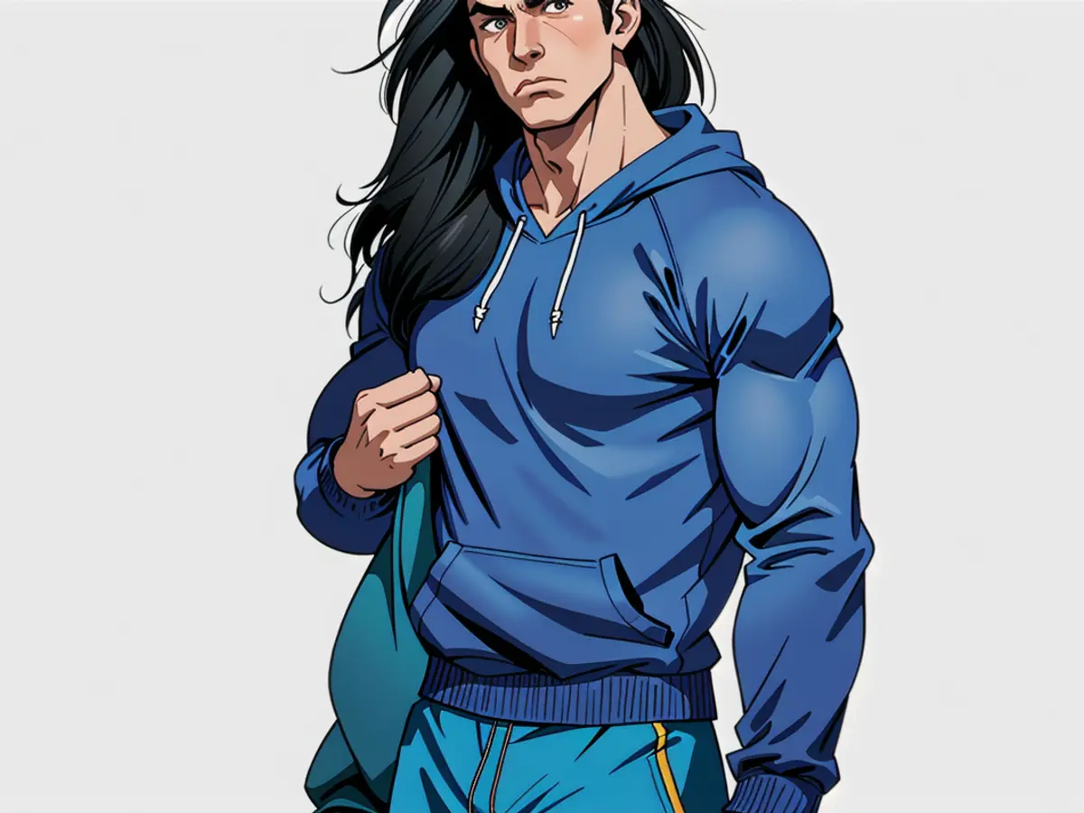 Shopper showcasing relaxed blue hoodie and coordinating trousers, featured in an article about stylish and comfortable activewear. Shopping article model showcasing relaxing activewear in a stylish casual blue hoodie and coordinating pants.