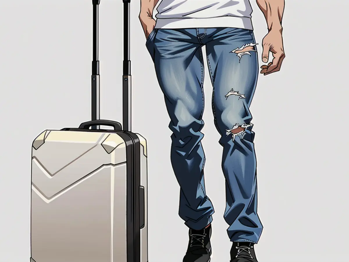 Individual dressed in white sweater, gray jeans, and black boots, sporting a fashionable hardshell carry-on luggage. Individual in a white sweater, gray trousers, and black footwear, accessorized with a fashionable hard-shell carry-on luggage.