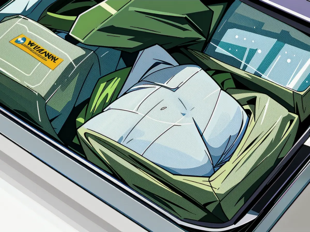 Display opened suitcase filled with organized apparel in green compartments, demonstrating effective packing methods. Uncovered suitcase displaying methodical organization of apparel in green storage containers, demonstrating smart packing techniques.
