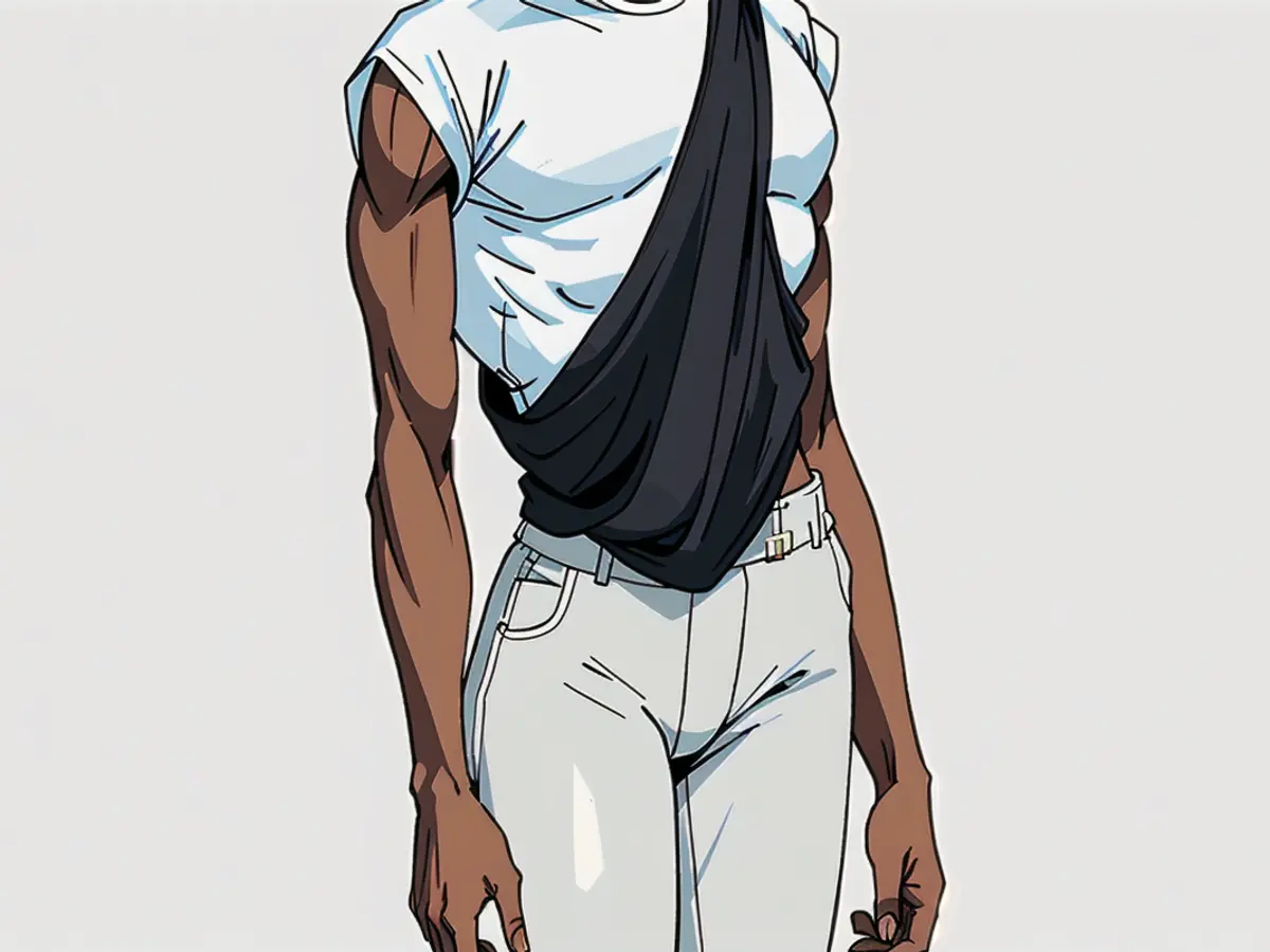 Individual sporting a white t-shirt and white pants, flaunting a black crossbody bag adorned with zippered pockets. Individual donning a white t-shirt and white trousers, displaying a black crossbody bag with multiple zippered pockets