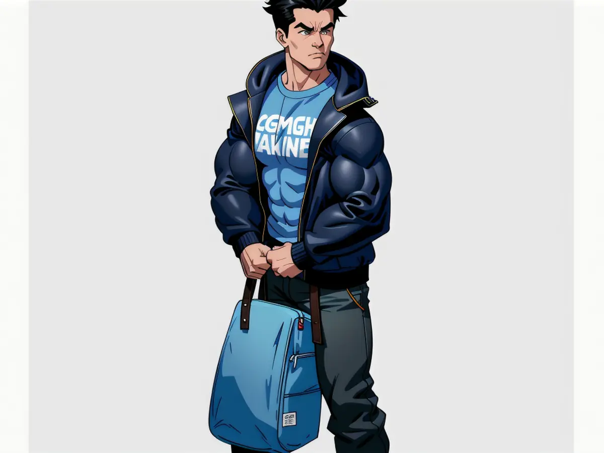 Modeling youngster dons denim jacket, black puffa coat, gray trousers, and white sneakers, carrying a blue backpack. Kids wear denim jacket, black puffa coat, gray trousers, and white trainers, carrying a blue rucksack.